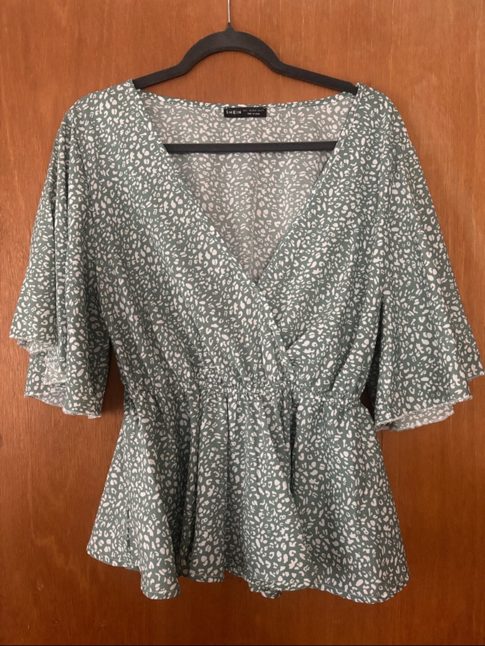 SHEIN Sage Green Spot Print Peplum Wrap Blouse